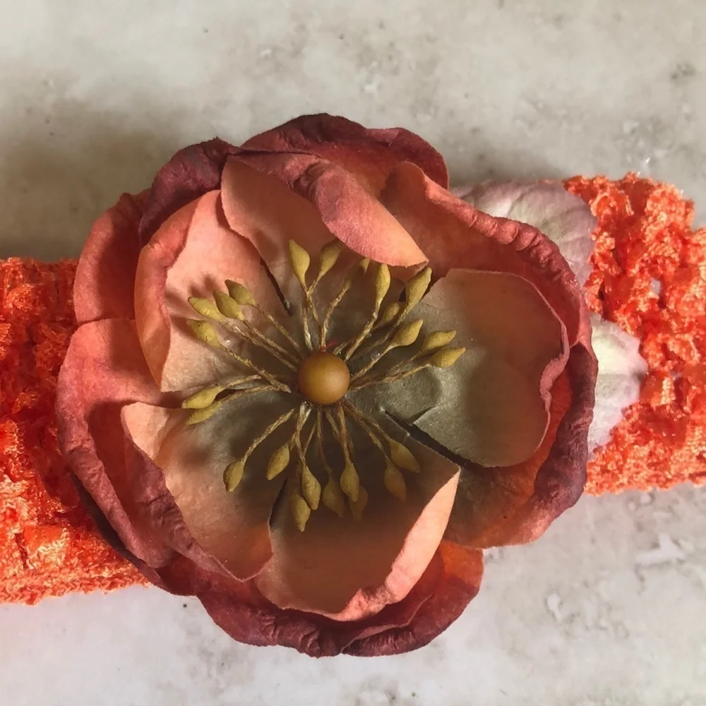 2/$15 Orange Crochet Stretch Headband Rustic Flower Detail Boho Hair Accessory